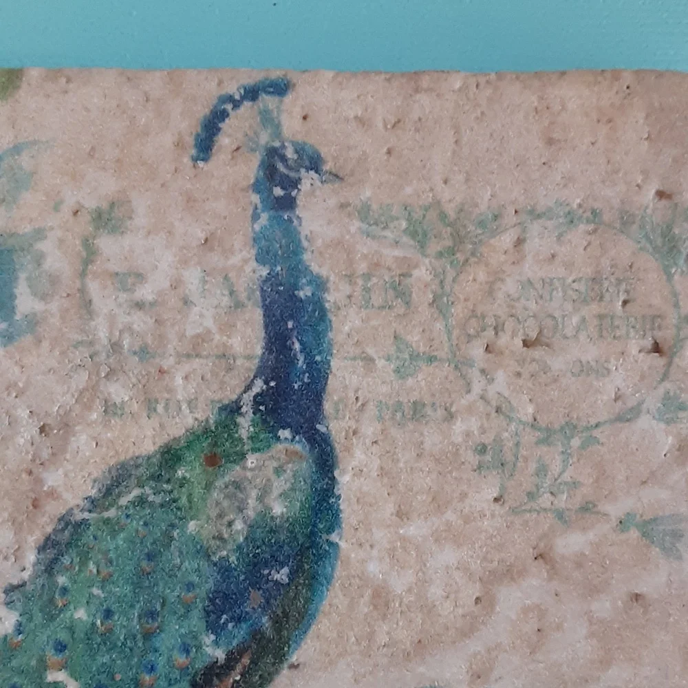 Peacock Image on 4"x4" natural stone coaster, set, walnut holder, cream blu/gr - Picture 5 of 14